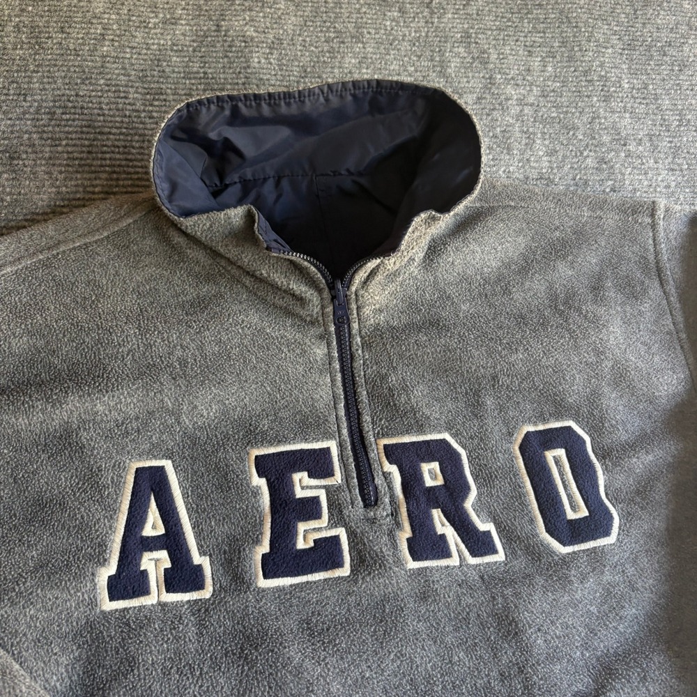 Vintage Aeropostale Reversible Quarter Zip Fleece Anorak Jacket Navy Grey Mens M